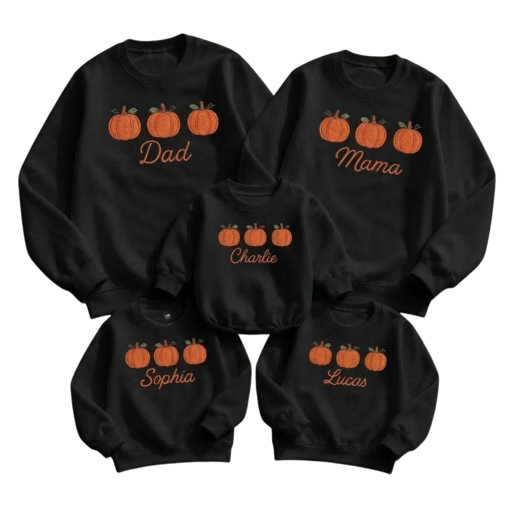 Custom Pumpkin Family Matching Sweatshirt Faux Embroidered, Custom Family Pumpkin Sweatshirt For Thanksgiving ET1696