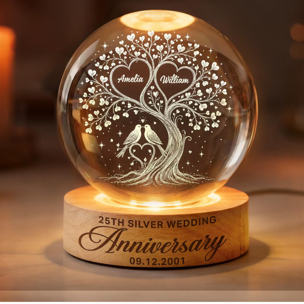 20th Wedding Anniversary Custom Tree Couple Crystal Ball Led Night Light, Custom Silver Anniversary Night Light WD0840