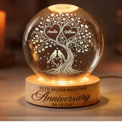 20th Wedding Anniversary Custom Tree Couple Crystal Ball Led Night Light, Custom Silver Anniversary Night Light WD0840