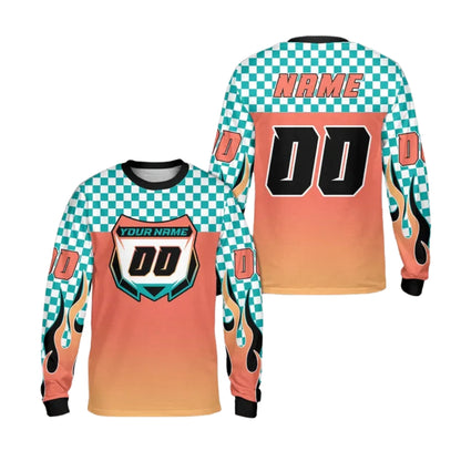 Custom Checkered Gradient Flame Long Sleeve Dirt Bike Jersey For Men, Custom Checkered Dirt Bike Shirts ME0023