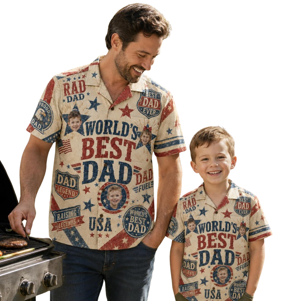 World's Best Dad Vintage USA Flag Custom Kid Face Father Son Hawaiian Shirt, Personalized Photo Matching Family Hawaiian Shirt For Father Dad ET1100