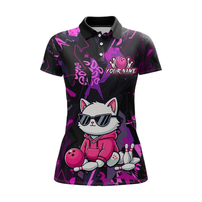 Women's Custom Cat Purple Black Bowling Polo Shirt, Custom Cat Bowling Team Shirts For Ladies BZ0671