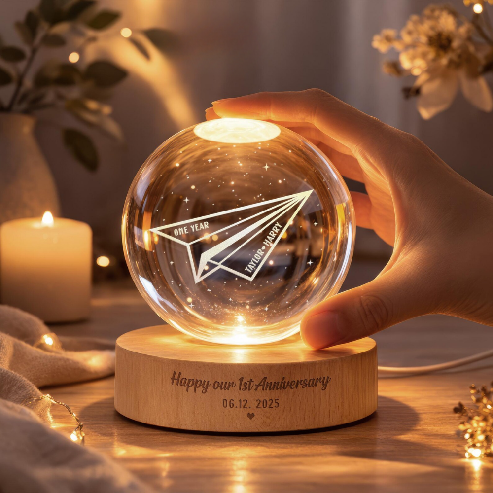 Paper Airplane Custom 1st Anniversary Crystal Ball Led Night Light With Couple Name, Custom One Year Wedding Night Light WD0846