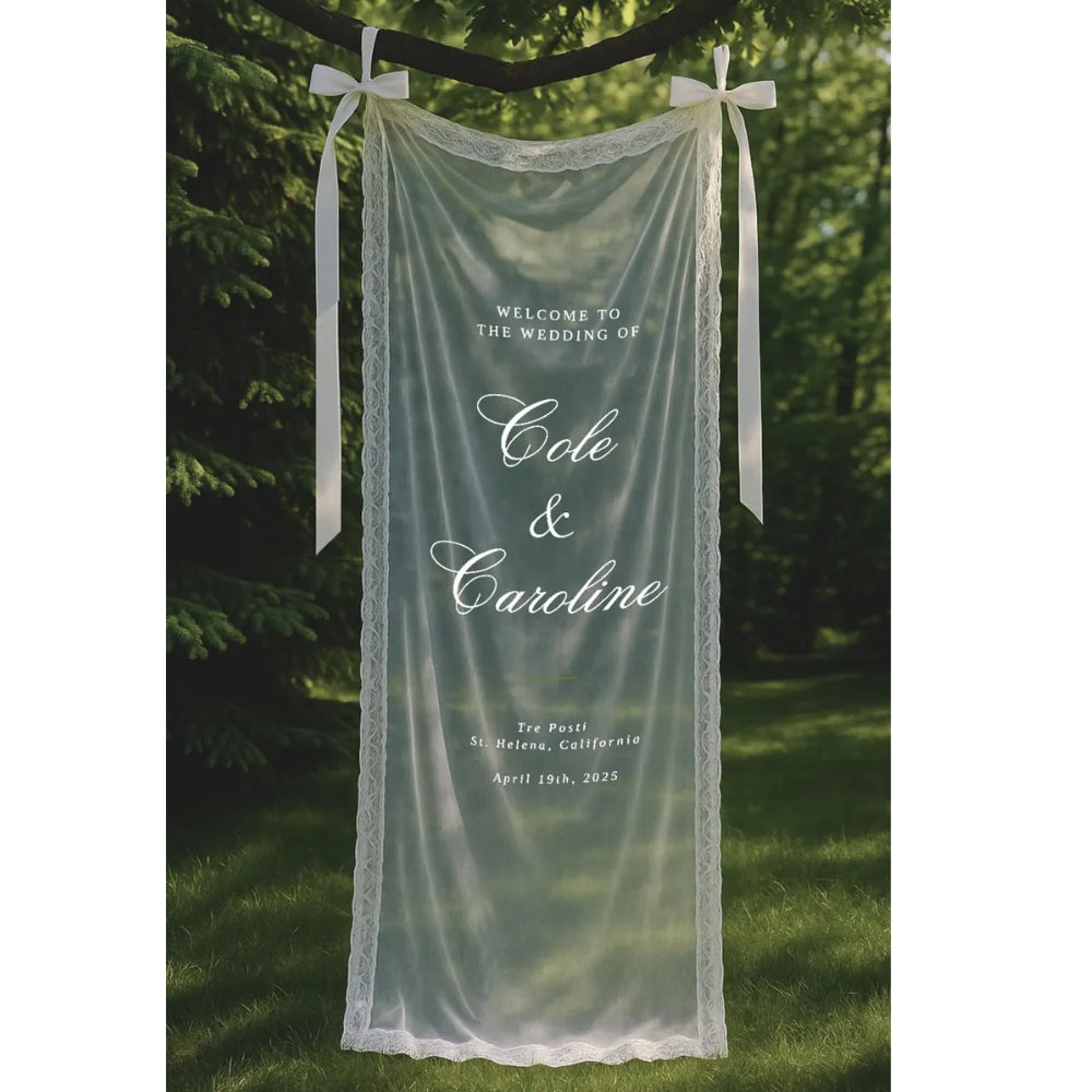 Custom Lace Sheer Wedding Welcome Banner, Personalized Lace Minimalist Wedding Welcome Banner WD0232