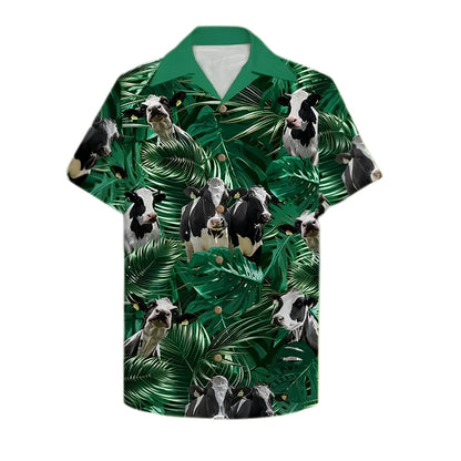 Custom Name Holstein Friesian Cow Tropical Green Hawaiian Shirt Men Women, Custom Cow Hawaiian Shirt For Farmer HE0481