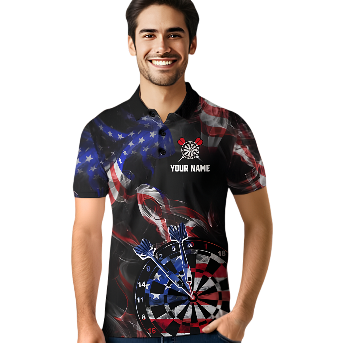 Aim Shoot Swear Repeat Custom USA Flag Smoke Dart Mens Polo Shirt, Custom Funny Patriotic Darts Team Shirt DZ0181