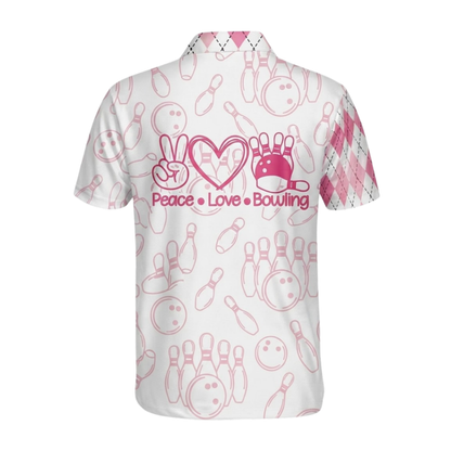 Peace Love Bowling Custom Pink Argyle Mens Bowling Polo Shirt, Custom Name Bowling Shirts BZ0644