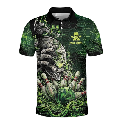Custom Green Skeleton Bowling Polo Shirt For Men, Custom Skull Bowling Team Shirt BZ0922