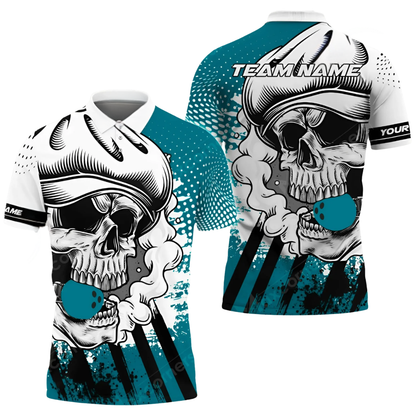 Custom Skull Red And White Bowling Polo Shirt For Men, Custom Skull Bowling Team Shirts BZ0768
