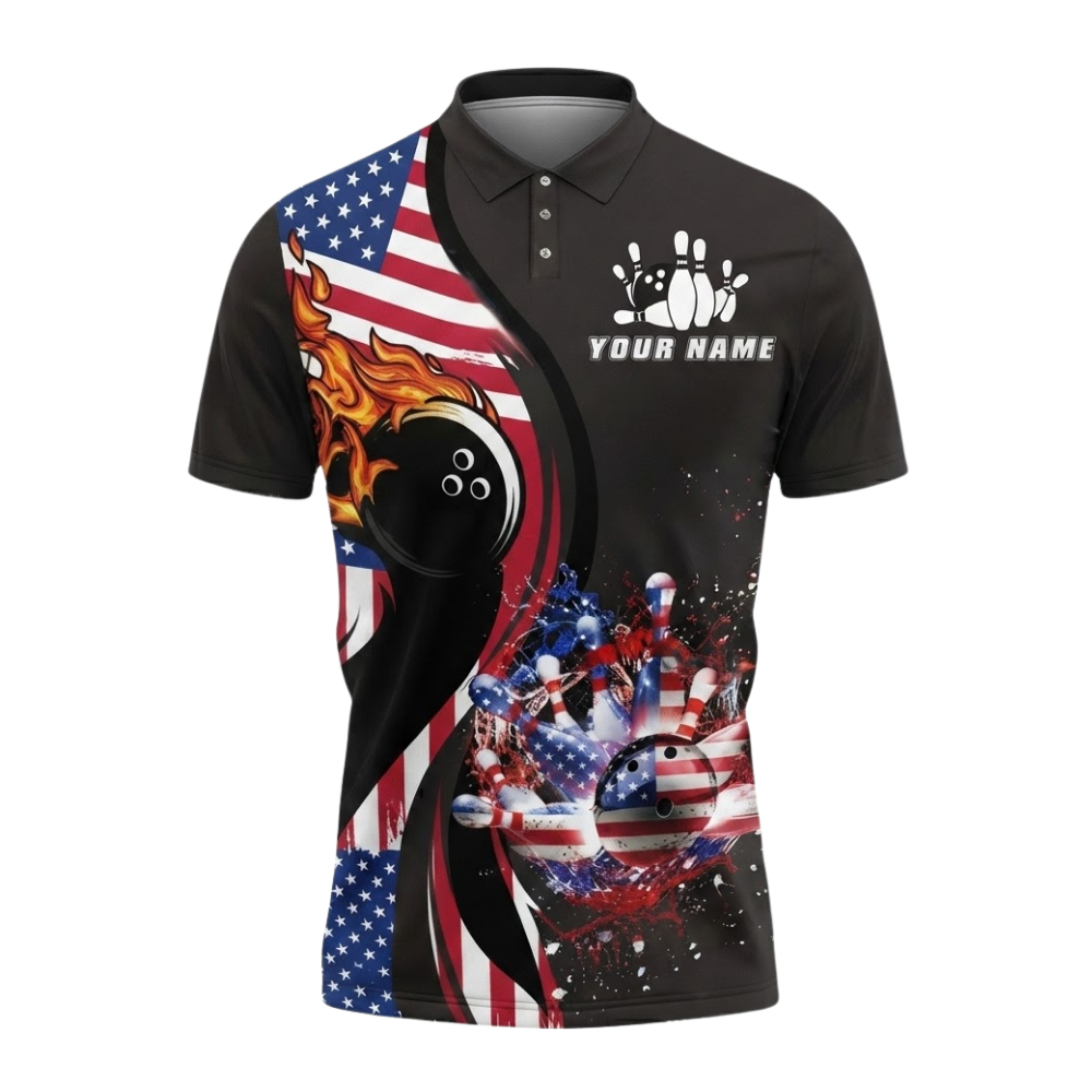 Custom American Flag Men's Bowling Polo Shirt, Custom Patriotic Bowling Team Shirts BZ0756
