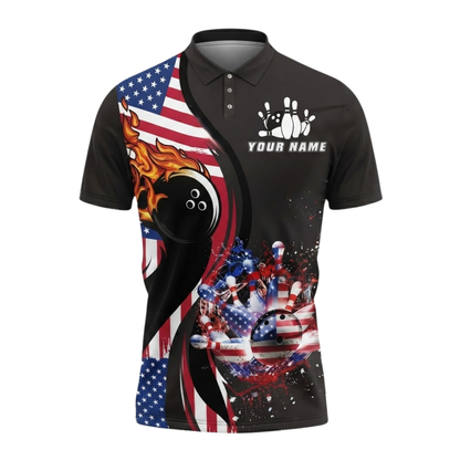 Custom American Flag Men's Bowling Polo Shirt, Custom Patriotic Bowling Team Shirts BZ0756