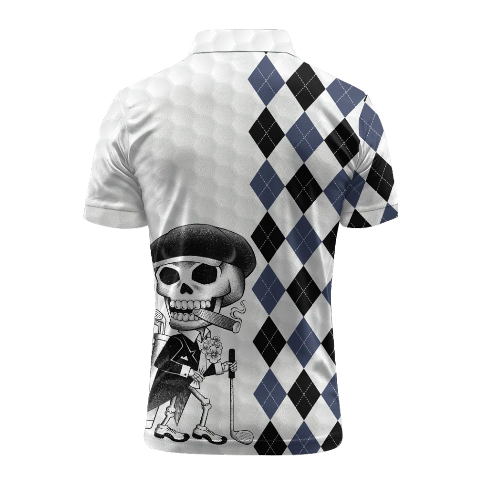 Funny Argyle Skeleton White Golf Polo Shirts For Men, Skull Golf Shirts GZ0429