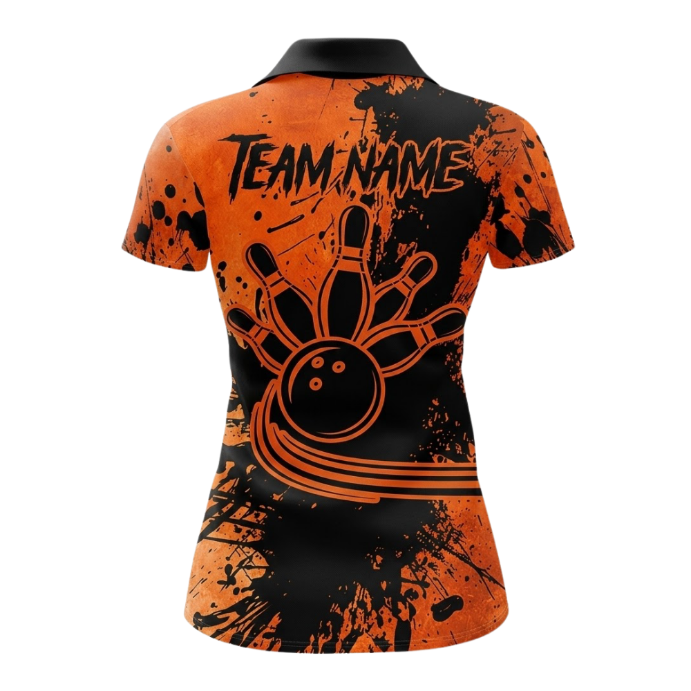 Women's Custom Team Orange Black Spash Bowling Polo Shirt, Custom Bowling Shirts For Ladies BZ0736