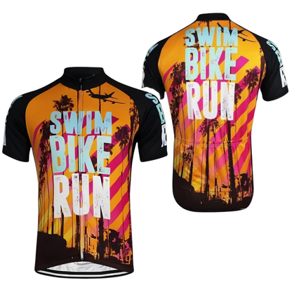 Swim Bike Run Cycling Short Sleeve Jersey For Men, Black Orange Cycling Jersey Shirts  CG0830