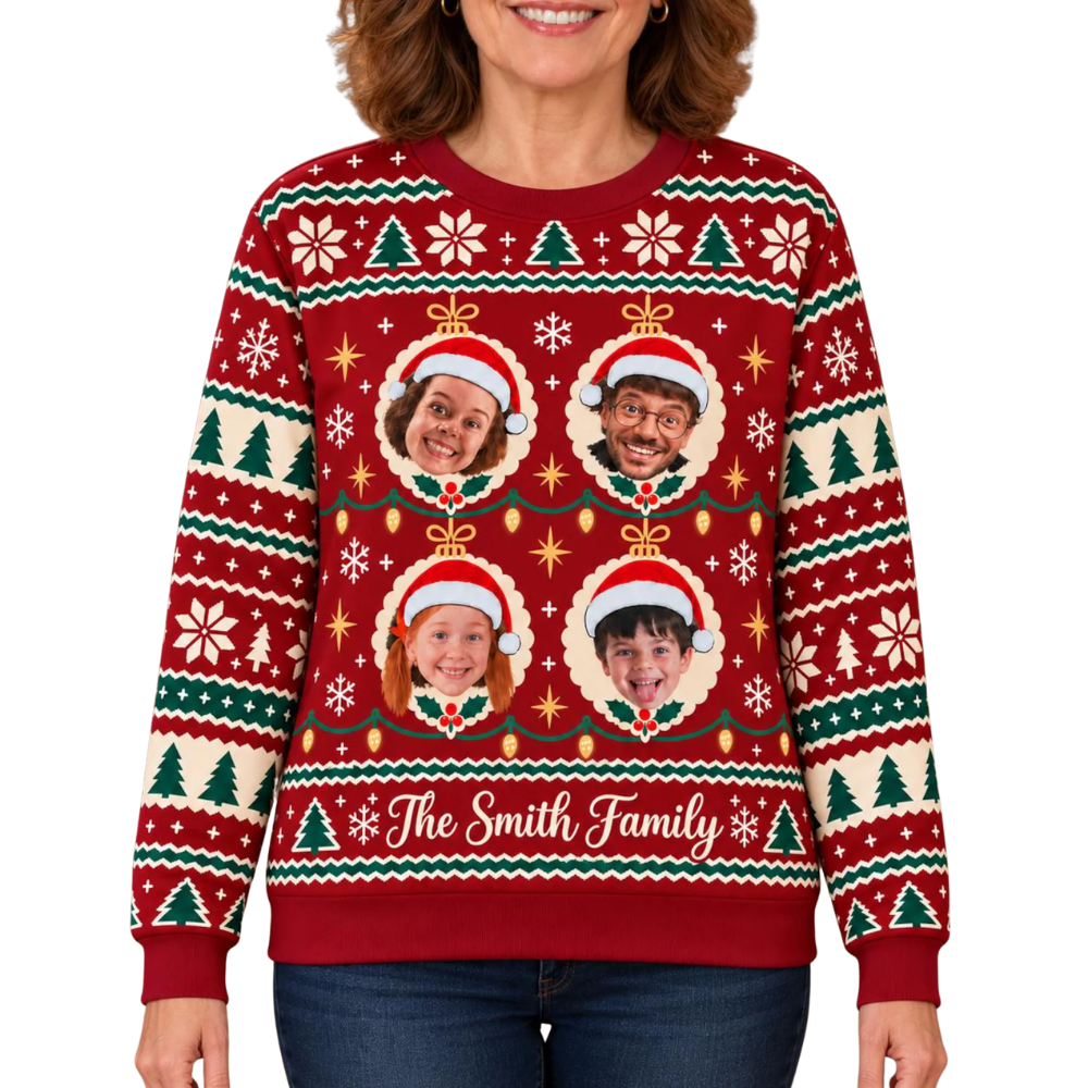 Family Faces Custom Photo Ugly Christmas Sweatshirt, Personalized Family Matching Ugly Xmas Sweater 2D1172