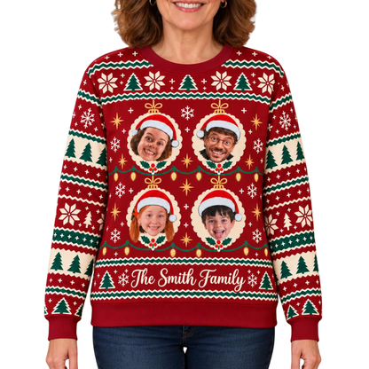 Family Faces Custom Photo Ugly Christmas Sweatshirt, Personalized Family Matching Ugly Xmas Sweater 2D1172