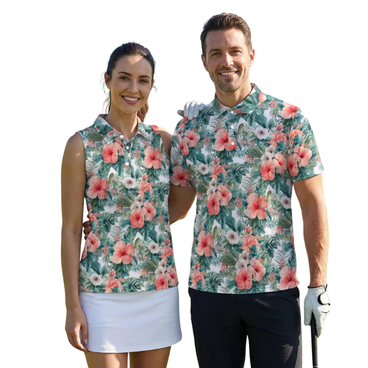 Hibiscus Matching Golf Shirt For Men And Women, Floral Tropical Matching Couple Golf Shirts GE0548