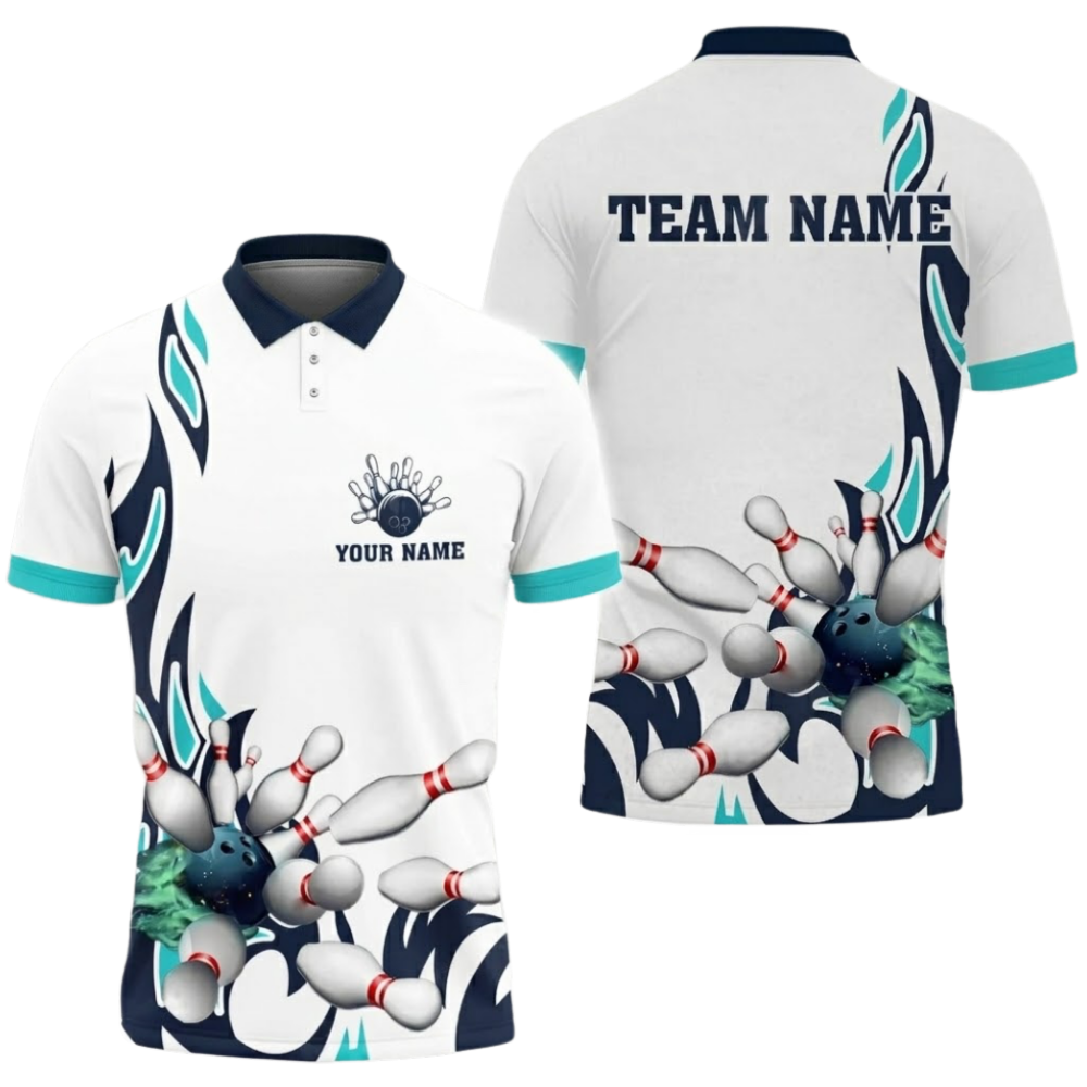 Custom Flame Cyan White Bowling Polo Shirt Men, Custom Team Bowling Shirts BZ0652