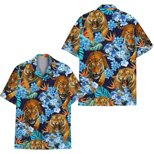Tiger Blue Floral Hawaiian Shirt For Men, Tiger Hawaiian Shirts HE0555