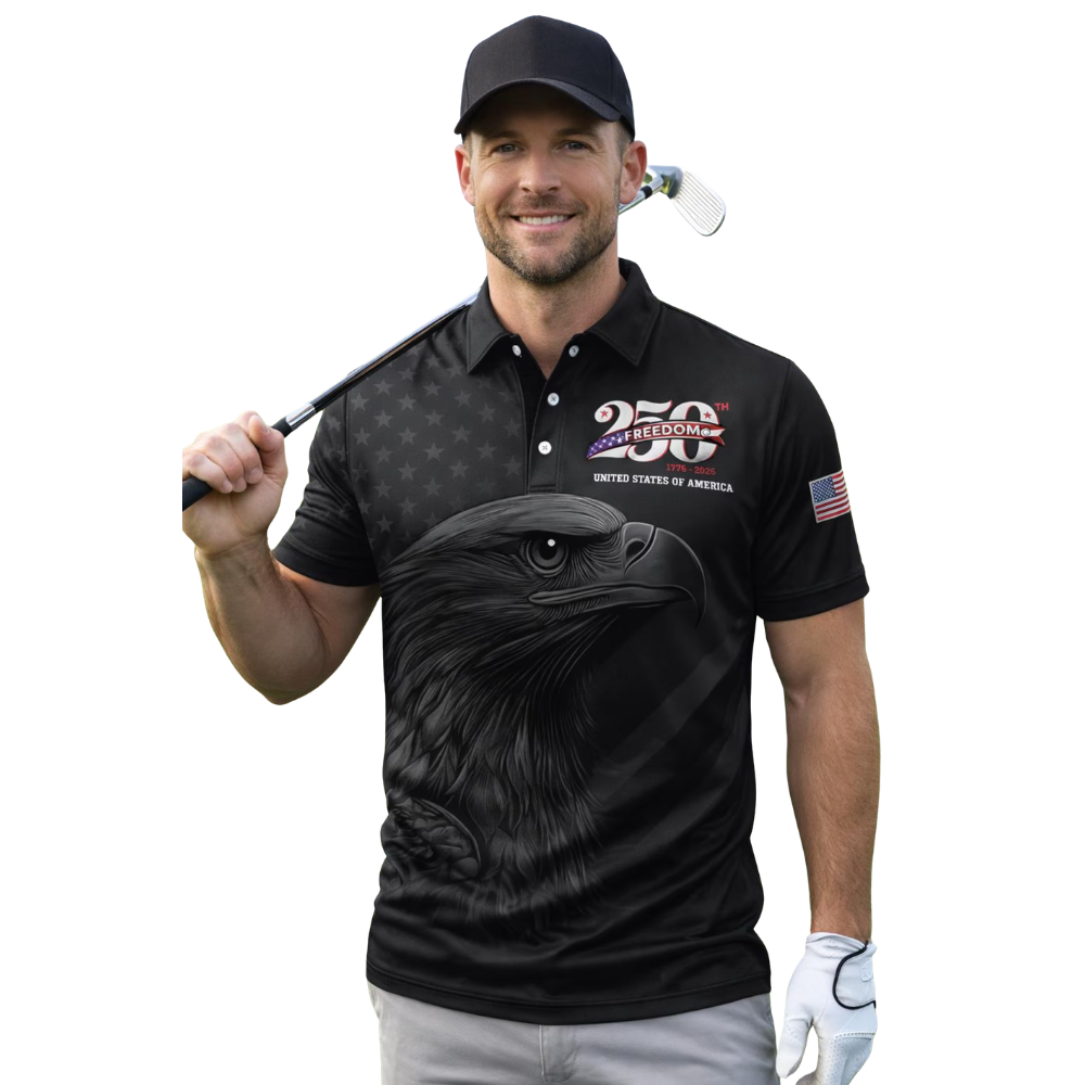 Eagle 250th Anniversary Black Golf Polo Shirt For Men, 4th Of July Eagle Golf Shirts GE0466