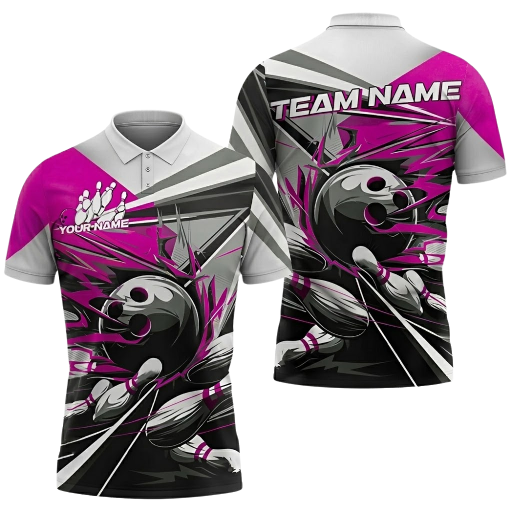 Custom Team Pink Grey Bowling Polo Shirt Mens, Custom Bowling Shirt BZ0834