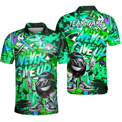Never Give Up Custom Funny Ball Graffiti Bowling Polo Shirt For Men, Custom Funny Bowling Team Shirts BZ0393