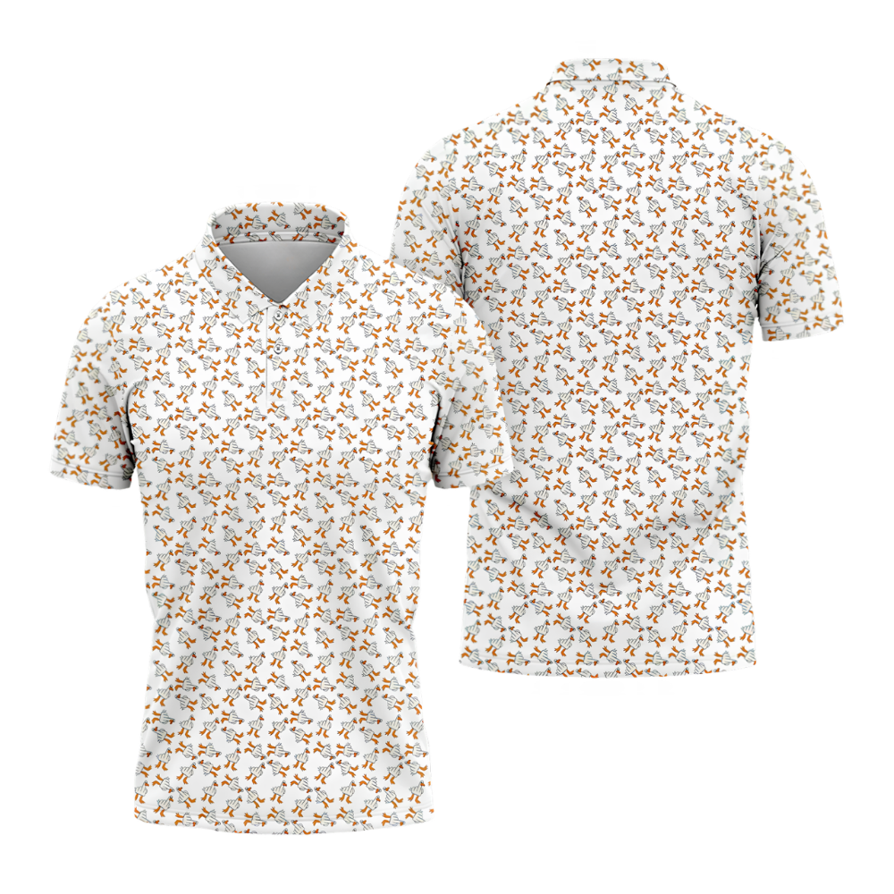 White Funny Duck Pattern Polo Golf Shirts Mens, Duck Golf Shirts GZ0451