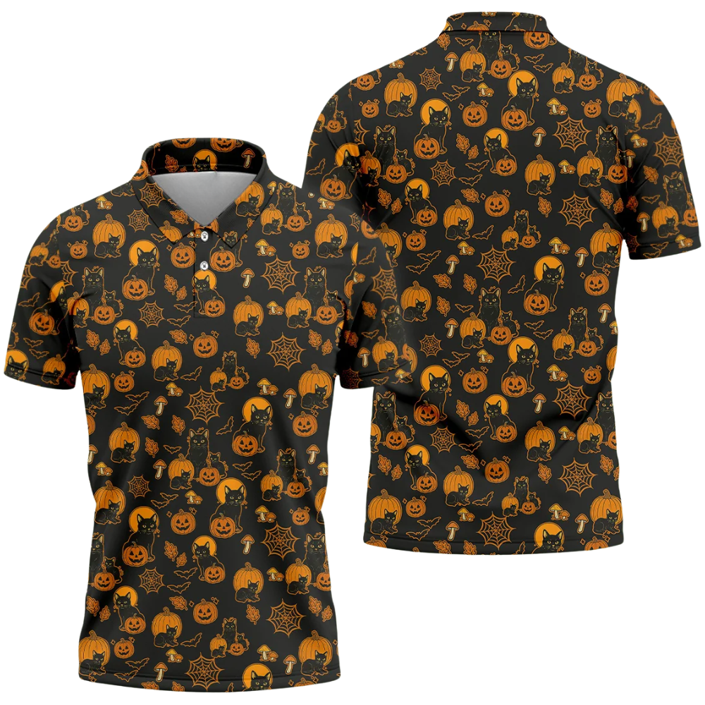 Pumpkin Black Cat Men's Black Orange Golf Polo Shirt, Halloween Golf Shirt For Cat Lover GZ0354