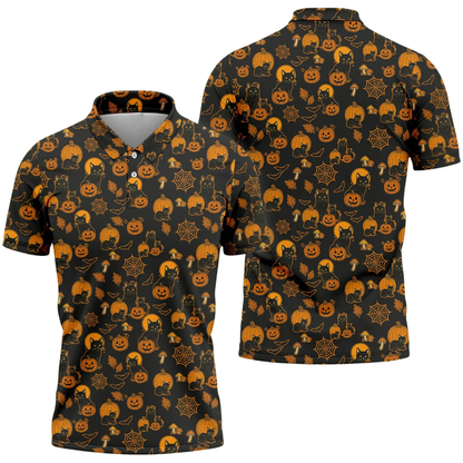 Pumpkin Black Cat Men's Black Orange Golf Polo Shirt, Halloween Golf Shirt For Cat Lover GZ0354