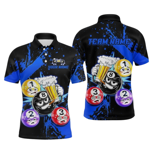 Custom Beer 8 Ball Men's Black And Blue Polo Billiard Shirt, Custom Beer Team Billiard Shirt BIZ0345