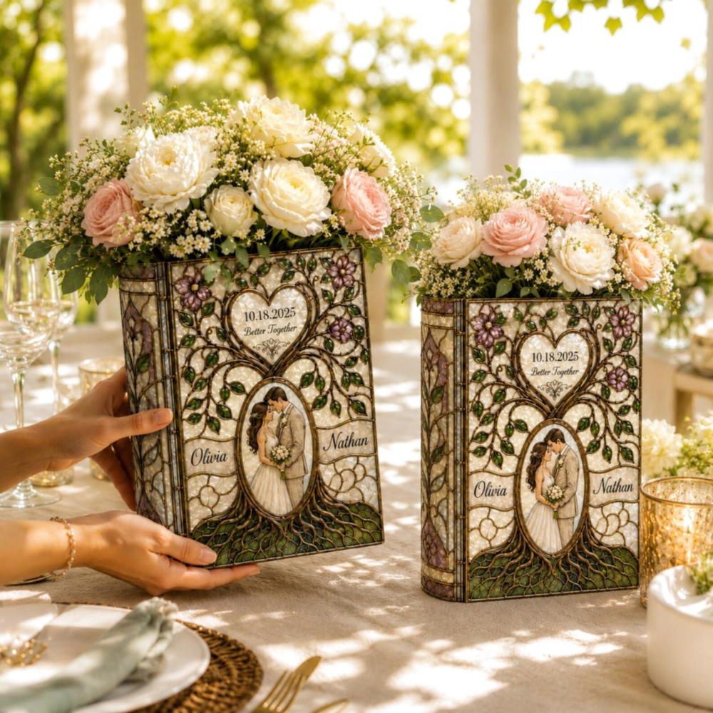 Personalized Tree Of Life Stained Glass Wedding Ceramic Book Vase, Personalized Wedding Stained Glass Book Vase WD0594