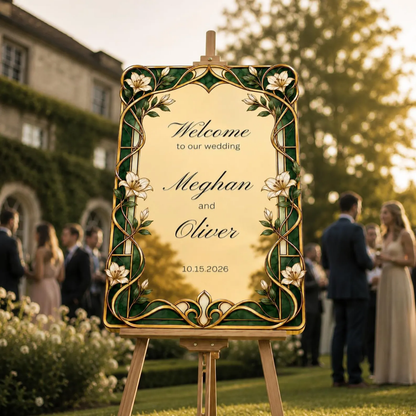 Personalized Emerald Green And Gold Lily Stained Glass Wedding Acrylic Mirror Sign, Custom Floral Stained Glass Sign For Wedding WD0724