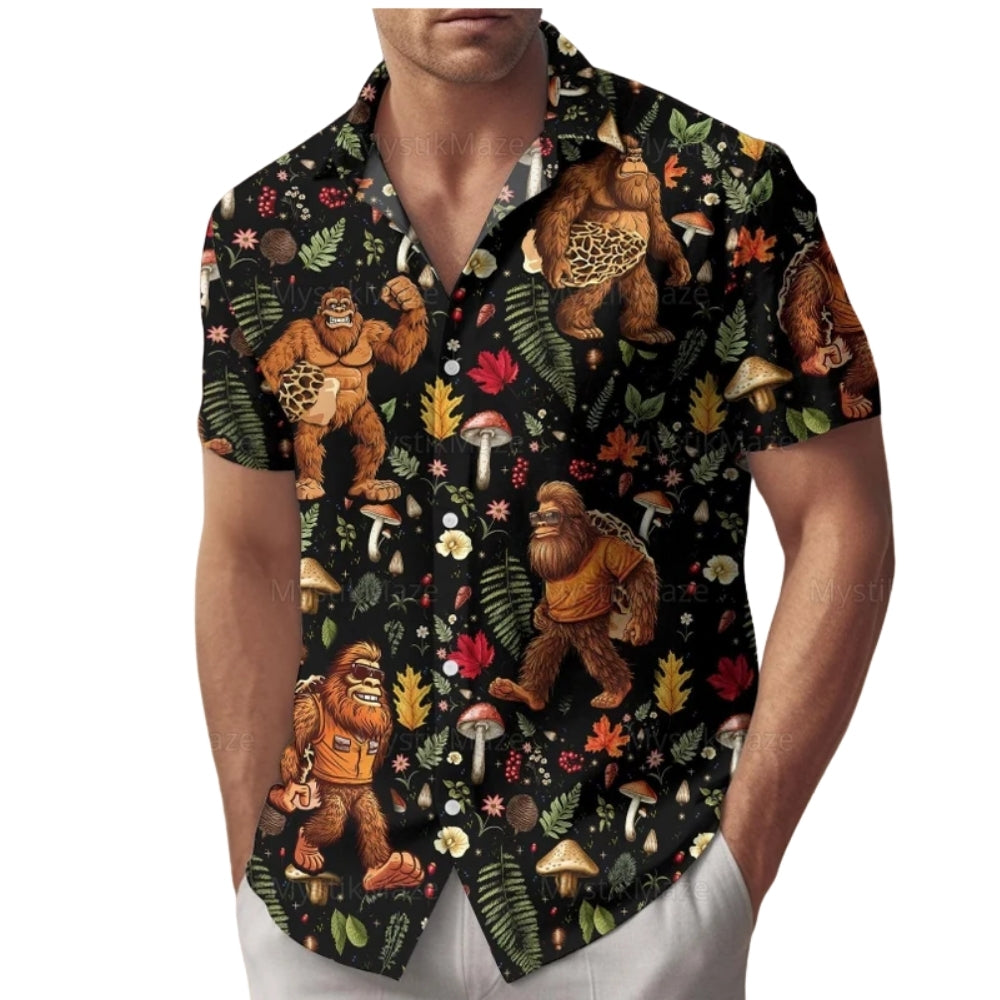 Bigfoot And Mushroom Men's Hawaiian Shirt, Tropical Bigfoot Sasquatch Hawaiian Shirts HE0154