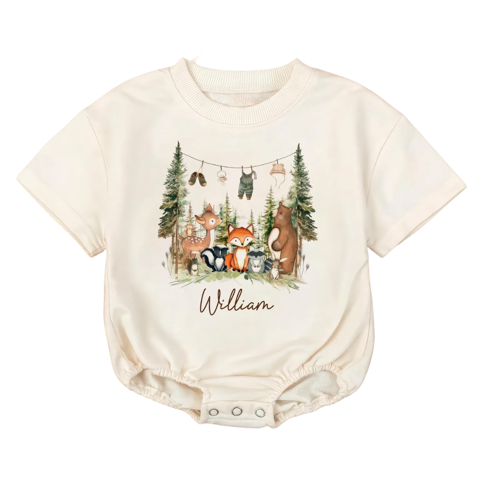 Personalized Woodland Animals Baby Boy Romper Sweatshirt, Custom Forest Animal Baby Romper Sweatshirt BB0096