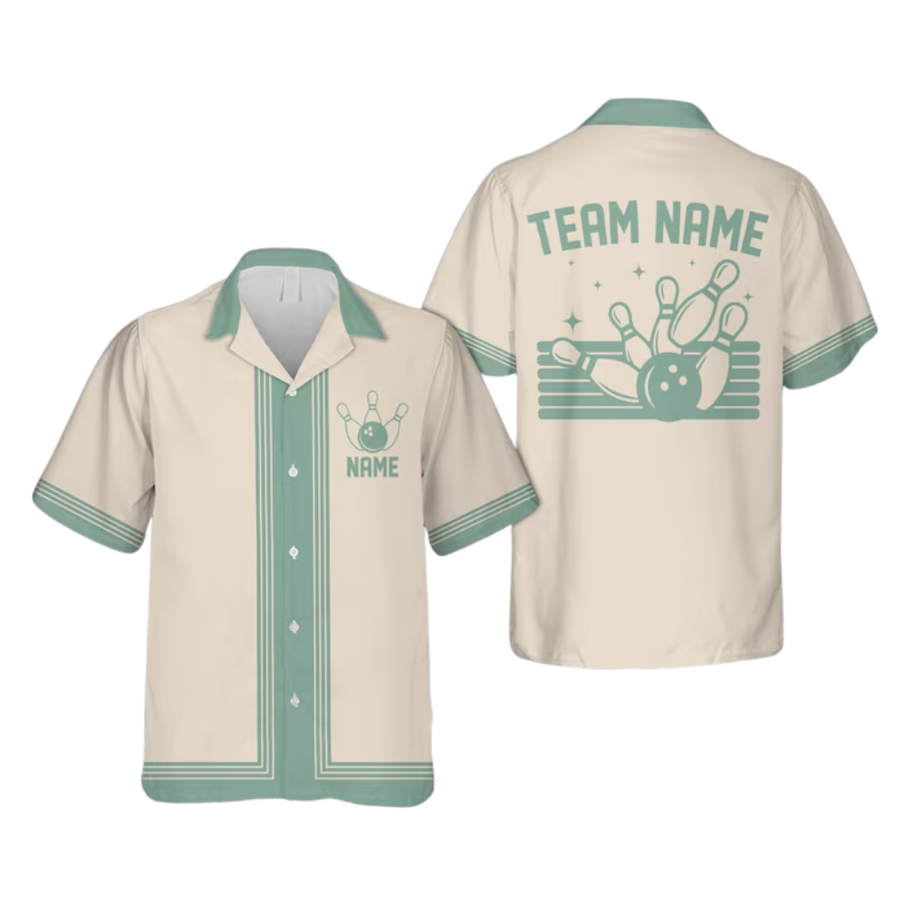 Custom Blue Beige Vintage Bowling Hawaiian Shirt Men, Custom Vintage Bowling Team Shirts BE0130