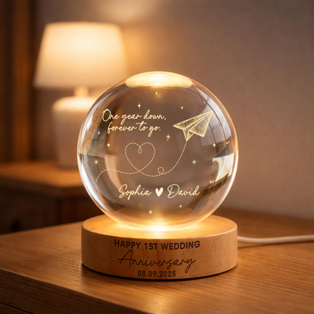 One Year Down Forever To Go Custom Paper Wedding Crystal Ball Led Night Light, Custom 1 Year Anniversary Night Light For Couple WD0919