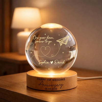 One Year Down Forever To Go Custom Paper Wedding Crystal Ball Led Night Light, Custom 1 Year Anniversary Night Light For Couple WD0919