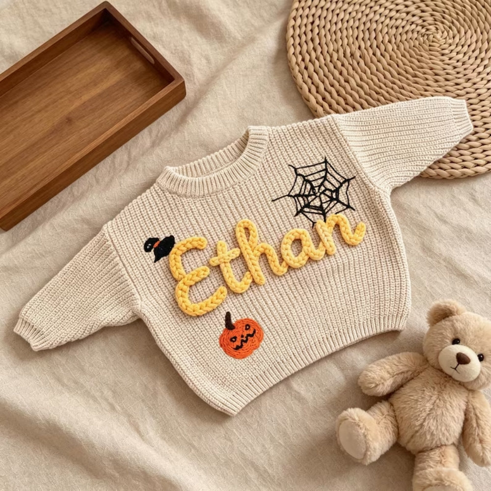 Custom Name Halloween Baby Embroidered Knit Sweater, Personalized Halloween Baby Sweatshirt BB0770