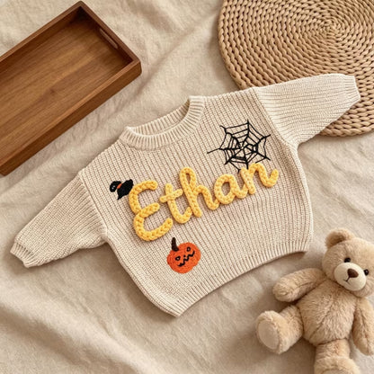 Custom Name Halloween Baby Embroidered Knit Sweater, Personalized Halloween Baby Sweatshirt BB0770