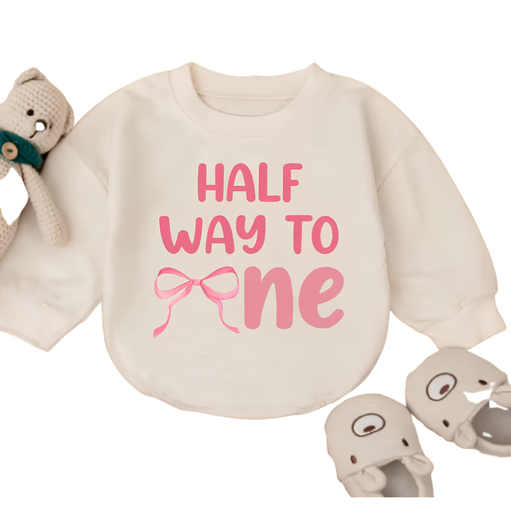 Half Way To One Baby Romper Sweater, Coquette Bow Half Birthday Romper Sweatshirt BB0246