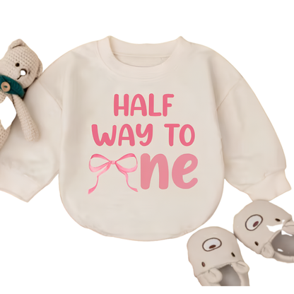 Half Way To One Baby Romper Sweater, Coquette Bow Half Birthday Romper Sweatshirt BB0246