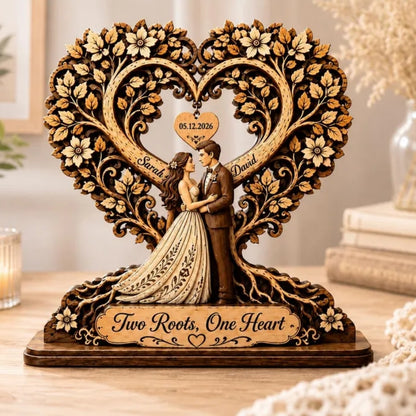 Two Roots One Heart Personalized Couple Tree Wedding Wooden Plaque, Custom Wedding Anniversary Wooden Block WD0798