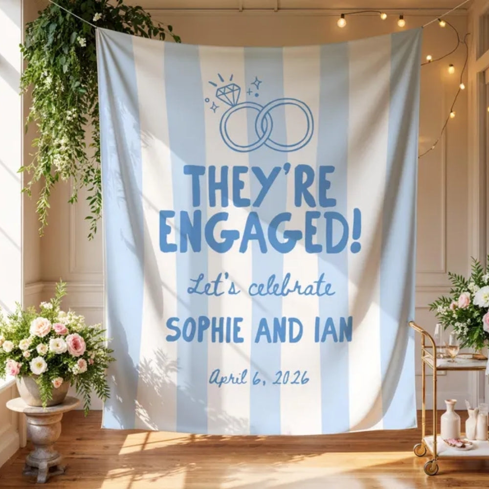 Personalized They're Engaged Blue Striped Banner, Custom Engagement Banner WD0413