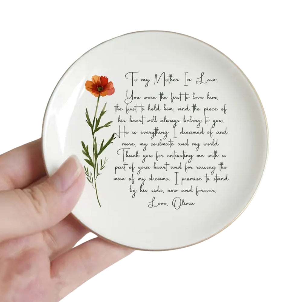 Custom Birth Month Flower Wedding Ring Dish For Mother In Law, Personalized Mother In Law Jewelry Dish WD0152