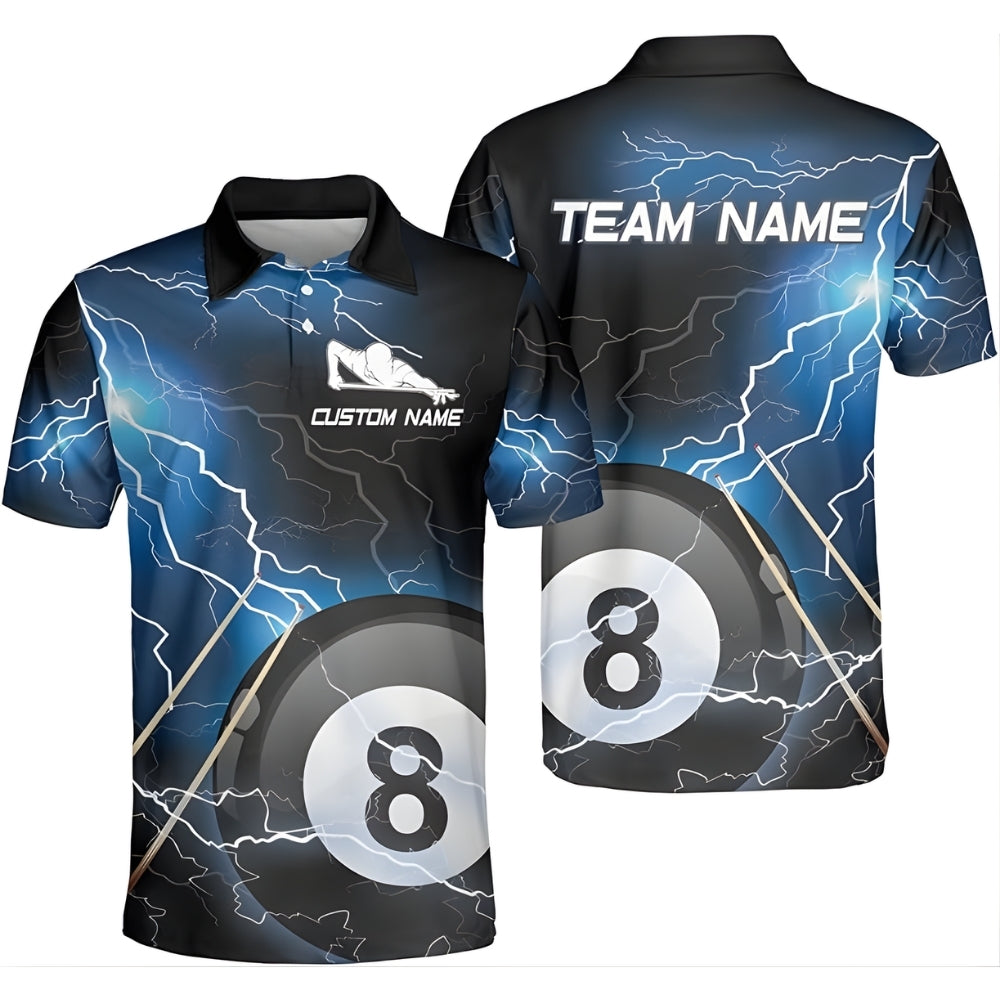 Custom Blue Thunder 8 Ball Billiard Polo Shirt For Mens, Custom 8 Ball Pool Billiard Team Shirts BIZ0201