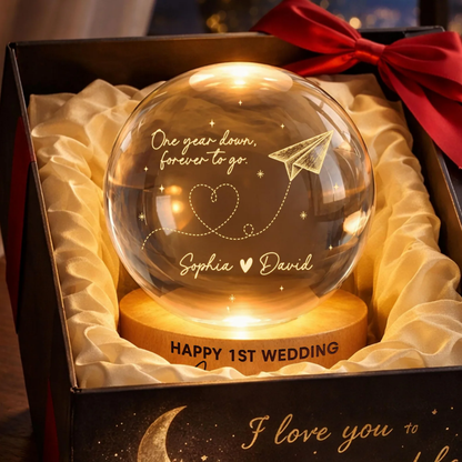 One Year Down Forever To Go Custom Paper Wedding Crystal Ball Led Night Light, Custom 1 Year Anniversary Night Light For Couple WD0919