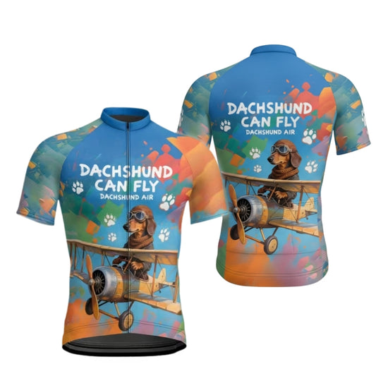 Dachshund Can Fly Men's Colorful Cycling Short Sleeve Jerseys, Dachshund Cycling Jerseys For Mens CE0026