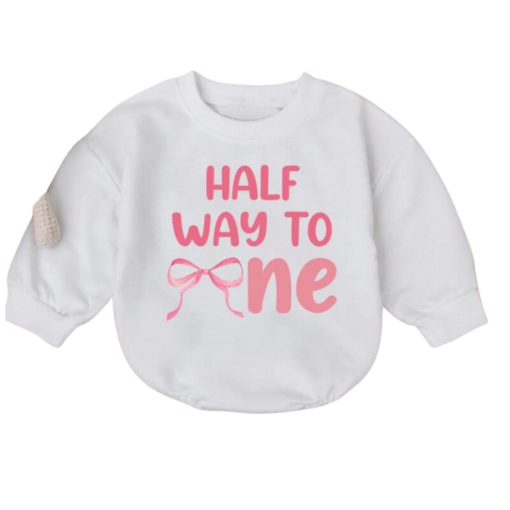 Half Way To One Baby Romper Sweater, Coquette Bow Half Birthday Romper Sweatshirt BB0246