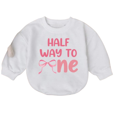 Half Way To One Baby Romper Sweater, Coquette Bow Half Birthday Romper Sweatshirt BB0246