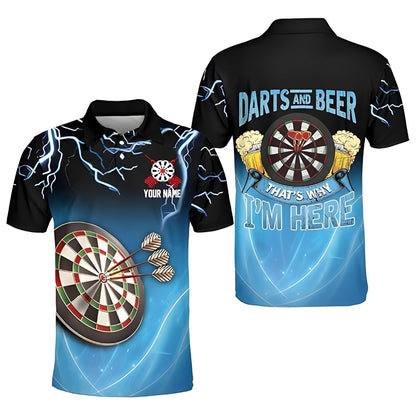 Darts And Beer That's Why I'm Here Custom Blue Darts Polo Shirt For Mens, Custom Funny Beer Darts Team Shirts DZ0014